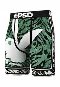 Zaļi un melni bokseršorti ar tīģera svītru rakstu, ar baltu logo un sportisku jostu. Tekstūrēts materiāls komfortam.