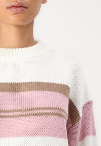 Knit sweater with a wide ribbed neckline, featuring stripes in white, light pink, and brown. The texture appears soft and chunky.