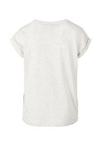 T-shirt décontracté à manches courtes, gris clair, avec des revers aux manches et une coupe droite et ample, présenté de dos sur fond blanc.
