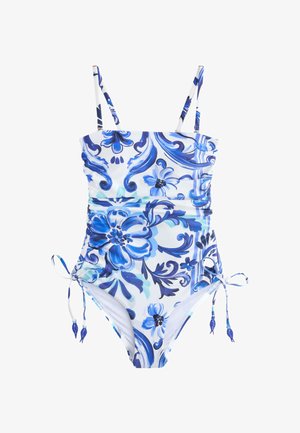 Costume intero con spalline regolabili, motivo floreale e vortici blu su sfondo bianco e coulisse laterali.