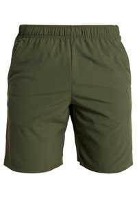 Pantalones cortos color verde oliva, confeccionados en un tejido ligero, con una cinturilla elástica y bolsillos laterales. Textura suave con un diseño sencillo.