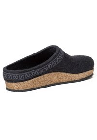 Black felt clog with cork midsole, textured black pattern around the edge, and rubber outsole. Low back design for easy slip-on access.