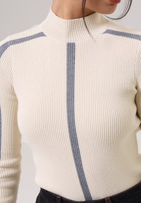 Gerippter Rollkragenpullover in Elfenbein mit grauen vertikalen Streifen; schmal geschnitten, hoher Kragen und strukturierter Stoff.