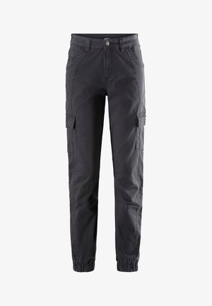 Dark grey cargo pants made of cotton-blend fabric, featuring side pockets, elastic cuffs, and a standard button closure.