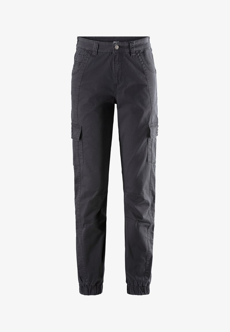 Dunkelgraue Cargo-Hosen aus einem Baumwoll-Mischgewebe, mit seitlichen Taschen, elastischen Bündchen und einem klassischen Knopfverschluss.