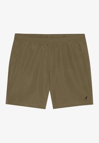 Olive green swim shorts made of lightweight fabric, featuring an elastic waistband, side pockets, and a small black logo on the hem.
