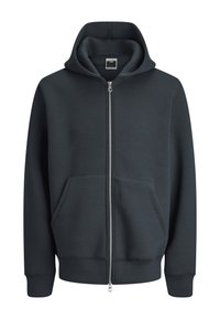 Haut à capuche zippé gris foncé en tissu doux, avec une poche kangourou, des poignets côtelés et une capuche doublée. La fermeture éclair descend sur le devant.