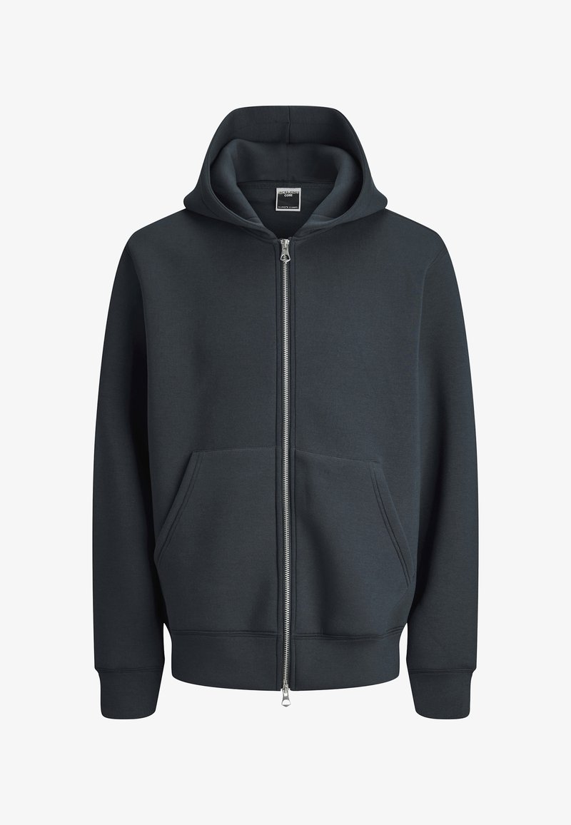 Haut à capuche zippé gris foncé en tissu doux, avec une poche kangourou, des poignets côtelés et une capuche doublée. La fermeture éclair descend sur le devant.