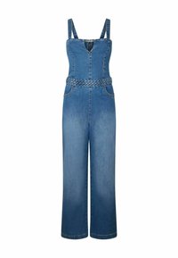 Combinaison en denim bleu avec jambes larges, fines bretelles, corsage ajusté, fermeture éclair à l'avant, deux poches avant et une ceinture tissée à la taille.