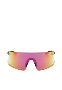 Occhiali da sole con un ampio design avvolgente. Lenti graduali in tonalità di rosa e giallo. Accenti neri sulla montatura e bracci laterali regolabili.