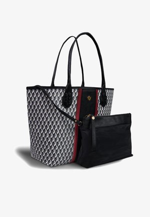Tote bag featuring a geometric patterned exterior in grey and black. Dual black leather handles and a matching detachable black pouch.