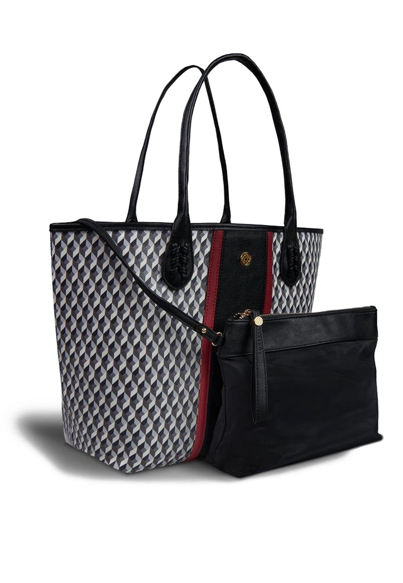 Borsa tote con motivo geometrico grigio e nero, accenti rossi e neri, due manici neri e una busta nera con zip staccabile.