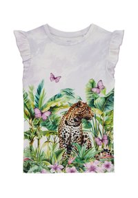 Tričko s krátkým rukávem v světle levandulové barvě s volánkovými rukávy. Má potisk s leopardem mezi zelenými listy a fialovými motýly.