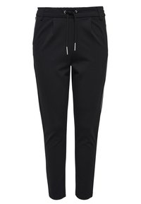 Sorte joggingbukser lavet af blødt stof, med snøre i taljen, sidelommer og kontraststriber langs siderne.