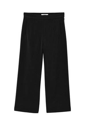 Pantalon noir à jambes larges avec taille haute, poches latérales fendues et ceinture à détails minimalistes.