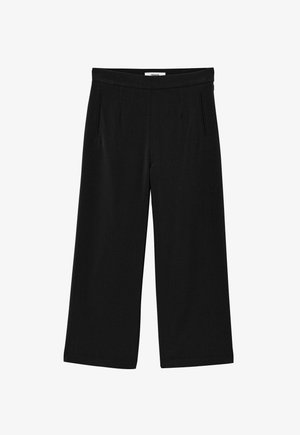 Pantalon noir à jambes larges avec taille haute, poches latérales fendues et ceinture à détails minimalistes.