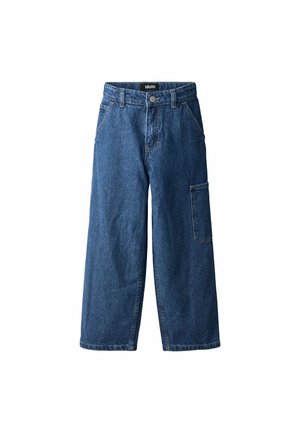 Blå denim vide bukser med høj talje, der har for- og baglommer, knaplukning og en sidelommer.