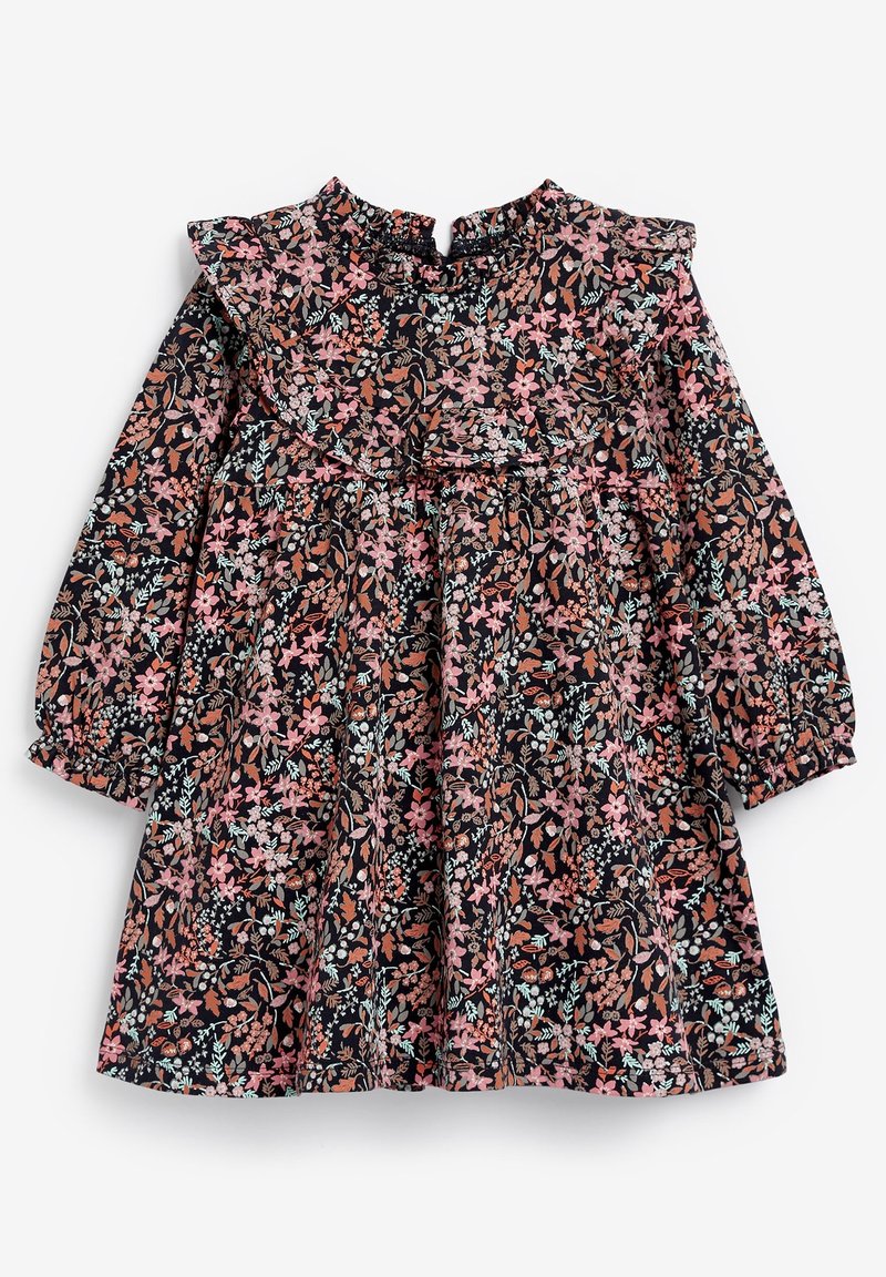 Robe noire à manches longues pour enfant avec imprimé floral rose, marron et blanc, col à volants et taille froncée.