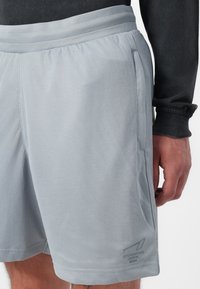 Lichtgrijze sportshorts van een gestructureerde meshstof, met een elastische tailleband en zijzakken. Logo gedrukt nabij de zoom.