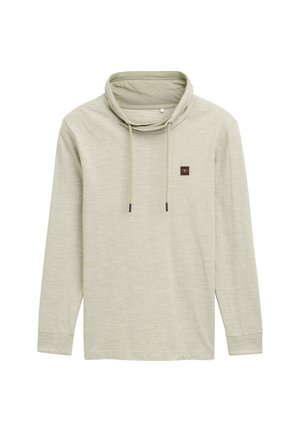 Hellgrünes Langarmshirt mit einem Kragen, das ein kleines quadratisches Logo-Patch und Kordeln aufweist. Weicher, strukturierter Stoff.