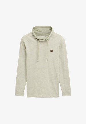 Hellgrünes Langarmshirt mit einem Kragen, das ein kleines quadratisches Logo-Patch und Kordeln aufweist. Weicher, strukturierter Stoff.