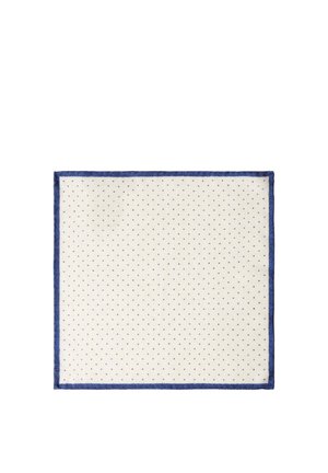 Witte vierkante zakdoek met kleine blauwe stippen en een effen blauwe rand rondom de randen.