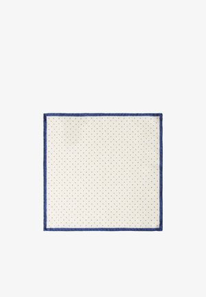 White square handkerchief with small blue polka dots and a solid blue border around the edges.