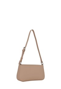 Beige Schultertasche aus Kunstleder mit verstellbarem Schulterriemen, rechteckiger Form, glatter Textur und dezentem Logo-Detail auf der Vorderseite.