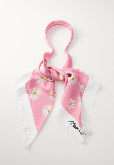 Pink silk scarf with a floral pattern of white daisies; features a solid white edge and printed signature in black. Twisted design for styling.
