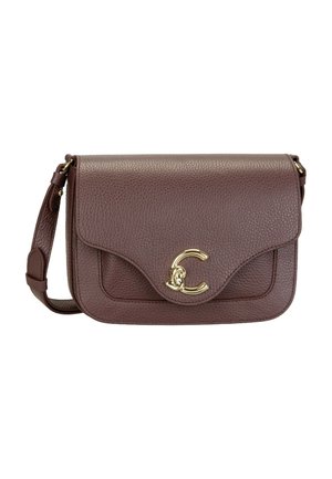 Brown textured leather crossbody bag with flap closure and gold decorative clasp, featuring an adjustable shoulder strap.