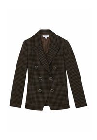 Blazer croisé à motif carreaux marron, doté d'anneaux en métal argenté, de revers à cran et de poches latérales. Intérieur doublé.