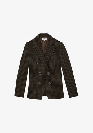 Blazer croisé à motif carreaux marron, doté d'anneaux en métal argenté, de revers à cran et de poches latérales. Intérieur doublé.