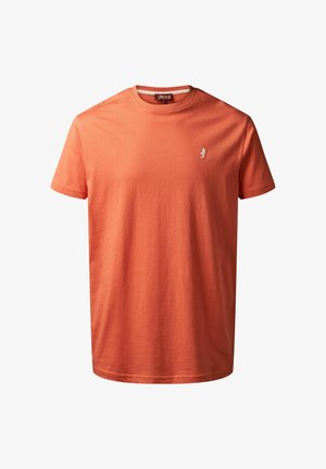 Oranssi puuvillapaita, jossa on pyöreä kaula-aukko, lyhyet hihat ja pieni brodeerattu logo rinnassa. Sileä pinta, rento istuvuus.