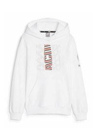 Felpa bianca con cappuccio caratterizzata da una grande grafica con il testo "ACM" in rosso e nero. Include una tasca a marsupio e polsini a costine. Realizzata in misto cotone.