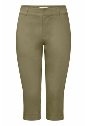 Oliwkowe, krótki spodnie wykonane z gładkiej tkaniny, z płaskim przodem, pętlami na pasek i rolowanymi nogawkami dla eleganckiego wyglądu.