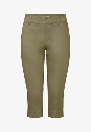 Oliivrohelised lühikesed püksid, mis on valmistatud siledast kangast, omavad lamedat esiosa, vöökohas kummipaelu ja voltidega hemme, mis annavad riietusele vormika välimuse.