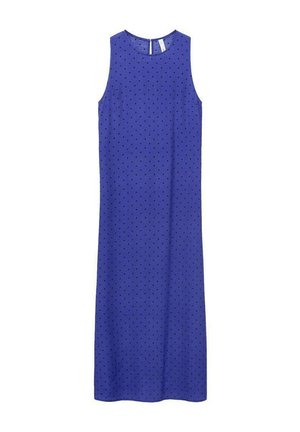 Sleeveless maxi dress in bright blue, featuring a polka dot pattern in black, with a round neckline and straight silhouette.