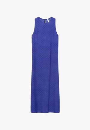 Rochie maxi fără mâneci, de un albastru vibrant, prezentând un model cu buline negre, cu decolteu rotund și siluetă dreaptă.