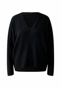 Schwarzer V-Ausschnitt-Pullover mit langen Ärmeln, der eine gerippte Textur und eine lockere Passform aufweist. Das Material scheint weich und leicht lässig zu sein.