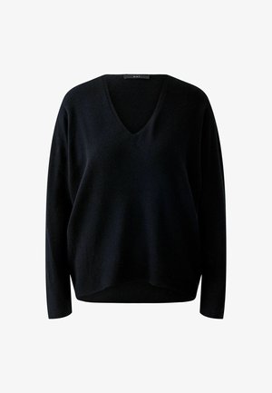 Schwarzer V-Ausschnitt-Pullover mit langen Ärmeln, der eine gerippte Textur und eine lockere Passform aufweist. Das Material scheint weich und leicht lässig zu sein.