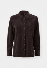 Bruine corduroy overhemd met lange mouwen, knoopsluiting aan de voorkant en klassieke kraag. Verticale ribbels en knoopdetails zichtbaar.