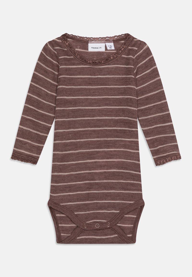 Brun og beige stripet langermet bodysuit, bomullsblanding, med blonder trimmet utringning og tre trykknapper nederst.