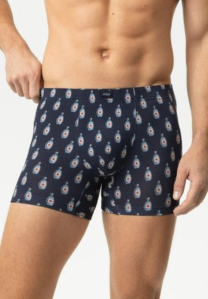 Männlicher Oberkörper mit marineblauen Boxershorts mit einem Muster aus kleinen blauen und weißen Flaschenillustrationen, hält den Bund auf einer Seite.