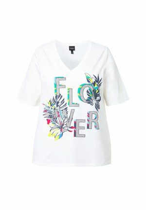 White cotton T-shirt with a V-neck, featuring a floral graphic design in blue, green, yellow, and red, with "FLOWER" text in bold letters.