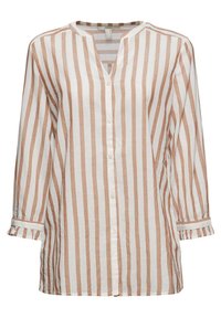 Chemise à manches longues avec des rayures verticales beige et blanches, col rond et poignets légèrement froncés.
