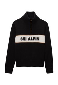 Pull en maille noire avec un col haut et une fermeture éclair demi-longueur. Présente une bande horizontale blanche avec le texte noir "SKI ALPIN". Texture douce.