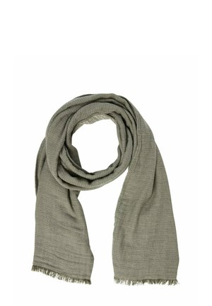 Green woven scarf with fringed edges, featuring a textured pattern and a soft fabric. It is arranged in a circular formation.