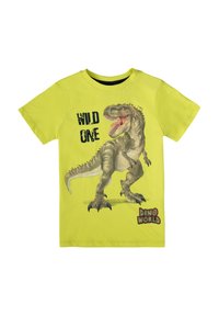 Maglietta gialla vivace in cotone, con grafica di un T-Rex e la scritta "WILD ONE" in nero. Logo "DINO WORLD" in rosso.