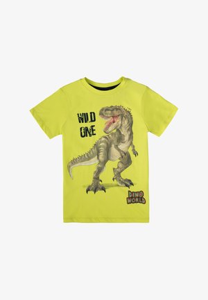 Maglietta gialla vivace in cotone, con grafica di un T-Rex e la scritta "WILD ONE" in nero. Logo "DINO WORLD" in rosso.