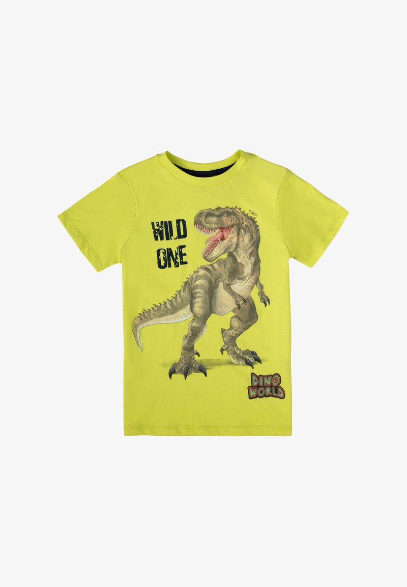 Maglietta gialla vivace in cotone, con grafica di un T-Rex e la scritta "WILD ONE" in nero. Logo "DINO WORLD" in rosso.